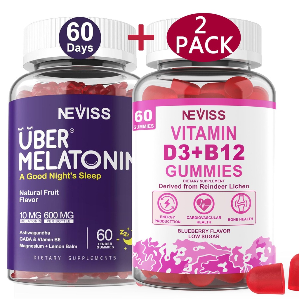 NEVISS Melatonine + Vitamine D3 & B12 Gummies, Vegan, 2+2=4 Pack