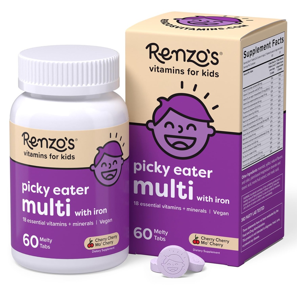 Renzo's Picky Eater Kids Multivitamin with Iron - Dissolvable Kids Vitamins with Iron, Zinc, Vitamin C, Vitamin D, E & K, Sugar-Free Melty Tabs, Cherry Flavor, 60-Count (1-2 Month Supply)