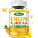 Iron Gummies for Women & Men - Vegan Iron Supplement for Anemia & Iron Deficency, with Vitamin B12, Vitamin C, Zink, Folate - Energy Boost, Sugar-Free, Ananas smaak, 60 Tellen