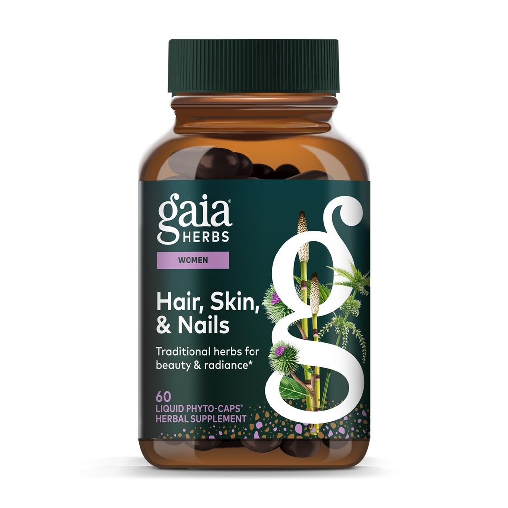 Gaia kruiden haar, huid en nagels - supplement ter ondersteuning van gezonde huid, haar en nagels gezondheid* - Astaxanthine, paardenstaart, Gotu Kola & Burdock - 60 Vegan vloeibare Phyto-capsules (30 porties)