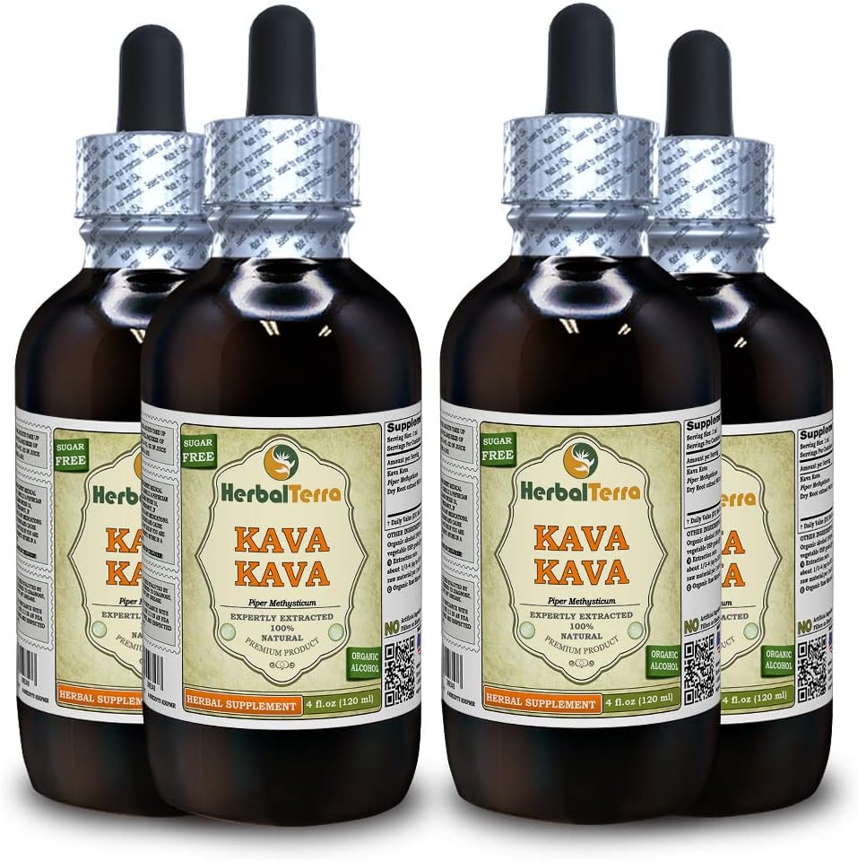 Kava Kava (Piper Methysticum) Tinctuur, gedroogd Root Liquid Extract (Grote naam: HerbalTerra, Trots gemaakt in USA) 4x4 fl.oz (4x120 ml)