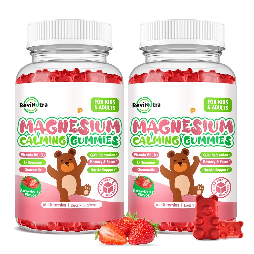 Kinderen Magnesium Glycinate Gummies, Magnesium Supplement met L-Theanine, Vitamine B6, D3 voor kinderen & volwassenen, Kalm Magnesium voor slaapontspanning,Brain,Bones, Sugar Free Aardbei 120ct