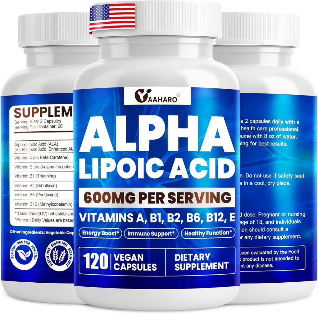 Alpha Lipoïnezuur 600 mg, ALA-supplement voor energieboost, Immuunondersteuning, gezonde functie en verbeterde absorptie, R-alfa Lipoïnezuur met essentiële vitamines, 120 capsules