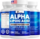 Alpha Lipoïnezuur 600 mg, ALA-supplement voor energieboost, Immuunondersteuning, gezonde functie en verbeterde absorptie, R-alfa Lipoïnezuur met essentiële vitamines, 120 capsules