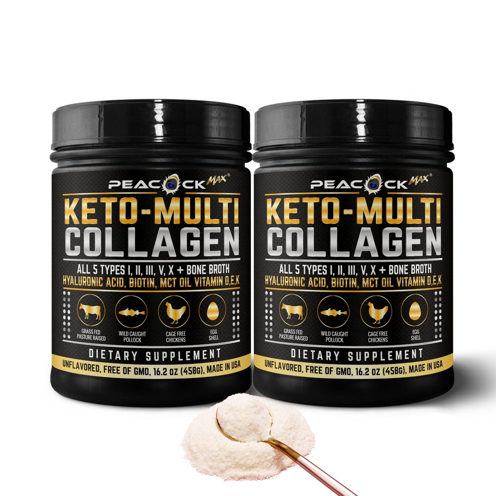 Keto Multi Collagen Peptides 16.2 oz, Pack of 2 - Bone Broth Protein Powder, 5 Types Hydrolyzed Collagen, MCT Oil, Unflavored Protein Powder for Joint, Skin, Hair & Gut Health