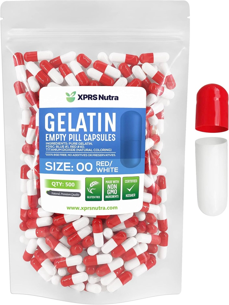 XPRS Nutra Size 00 Empty Capsules - 500 Count Empty Gelatin Capsules - DIY Capsule Filling - Fillable Pill Gel Caps for Do-It-Yourself Supplements (Red/White)