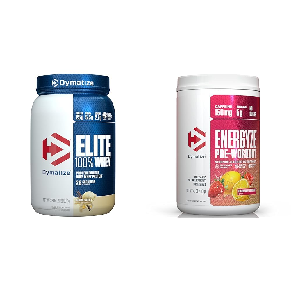 Dymatize Elite 100% Whey Protein Powder, Gourmet Vanilla, 2 Pound Energyze Pre-Workout, Strawberry Lemonade, 30 Servings Bundle