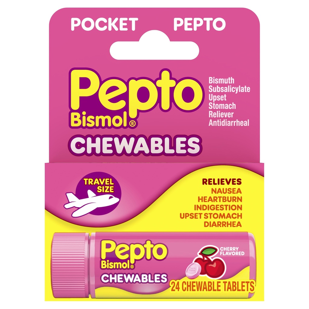 Pepto Bismol Pocket Kauwtabletten voor misselijkheid, brandend maagzuur, spijsverteringsstoornissen, maagklachten en diarree - 5 Symptoom Fast Relief, Cherry Flavor 24 ct