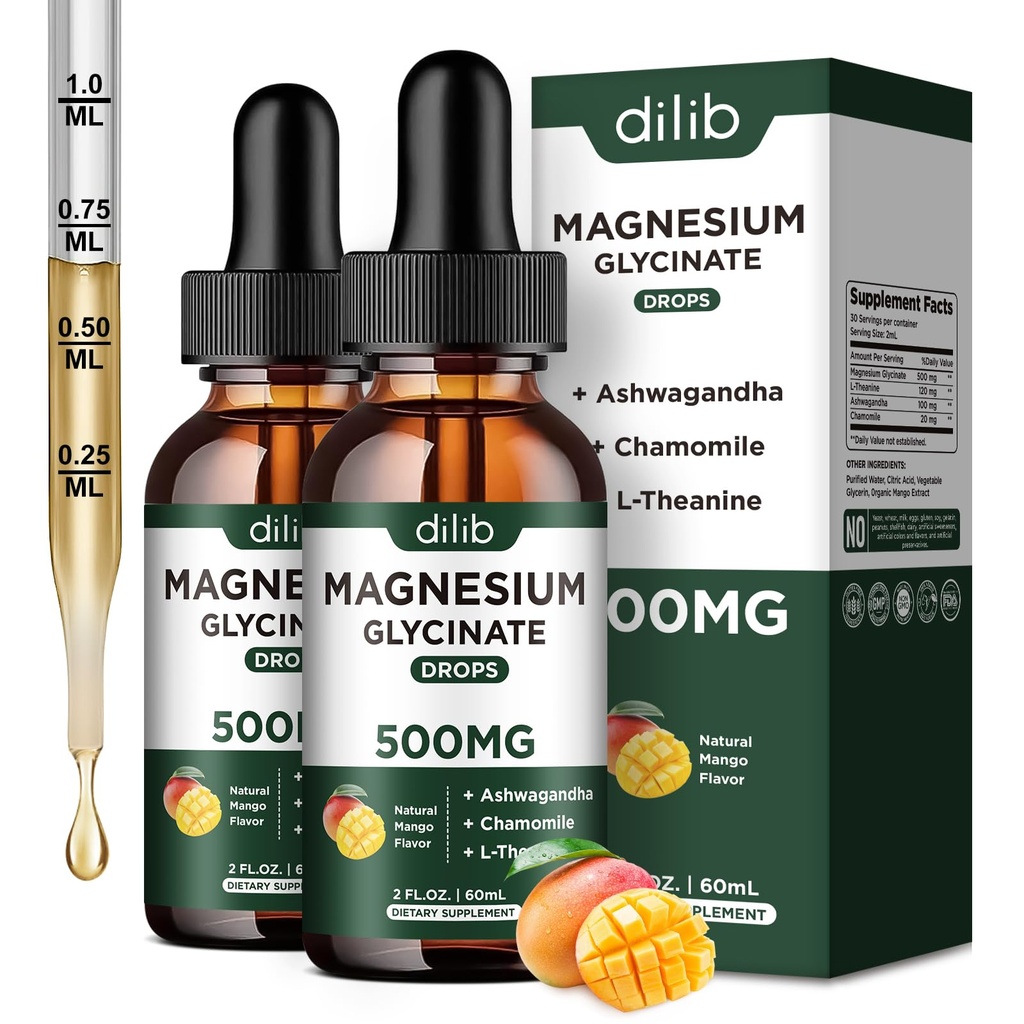 Magnesium Glycinate Liquid Drops Supplement, met Magnesium Glycinate 500mg Ashwagandha, L - Theanine, Kamille - Ondersteuning Stress Relief, Bot, Spier, Mood Mango Smaak 2Pack