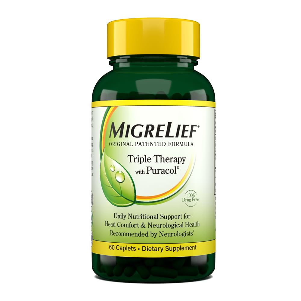 MigreLief Original Triple Therapie met Puracol - Voedingsondersteuning voor Migraine Lijders - 60 Caplets/1 Maand Levering