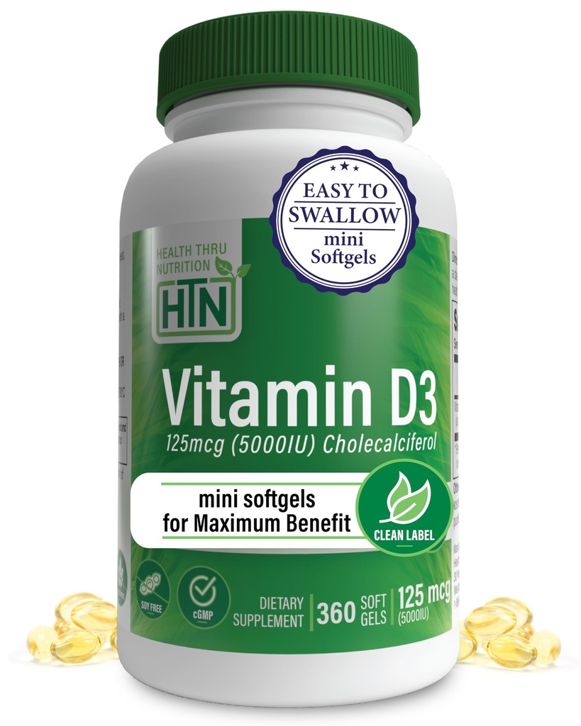 Gezondheid Thru Voeding Vitamine D3 5000iu 360 Mini Softgels voor maximale voordelen jaar aanbod  Kwaliteit in Organische EVOO Immuungezondheidsondersteuning