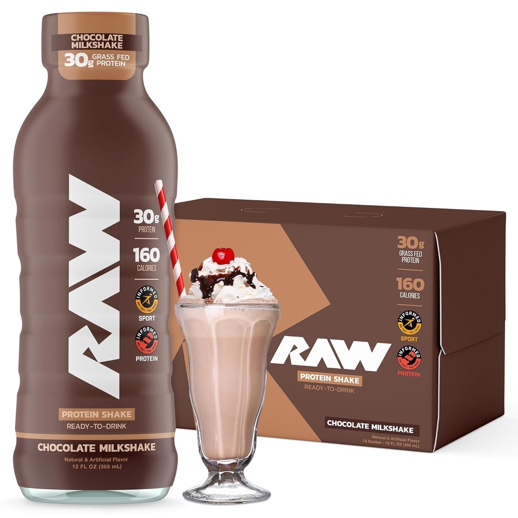 RAW Ready-to-Drink Proteïne Shake, Chocolate - RTD Proteïne Dranken met Grass-Fed Wei Proteïne Isolaat voor Post-Workout - Zero-Sugar & Gluten-Free Meal Vervanging Drink & Breakfast Shake, 12 Fl Oz
