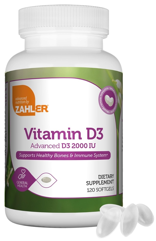 Zahler - Advanced Vitamin D3 2000 IE Softgels (120 graaf) Kosher Vegetarian Friendly Vitamin D for Immune Support, Bone, Teeth & Muscle Health - Daily D3 Vitamine Supplement for Adults - Easy Swallow V