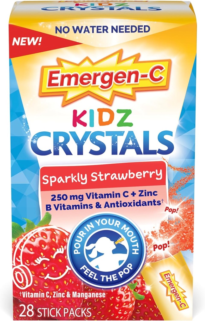 Emergen-C Kidz Crystals, On-The-Go Immune Support Supplement met Vitamine C, B Vitaminen, Zink en Mangaan, Sparkly Strawberry - 28 Stick Packs