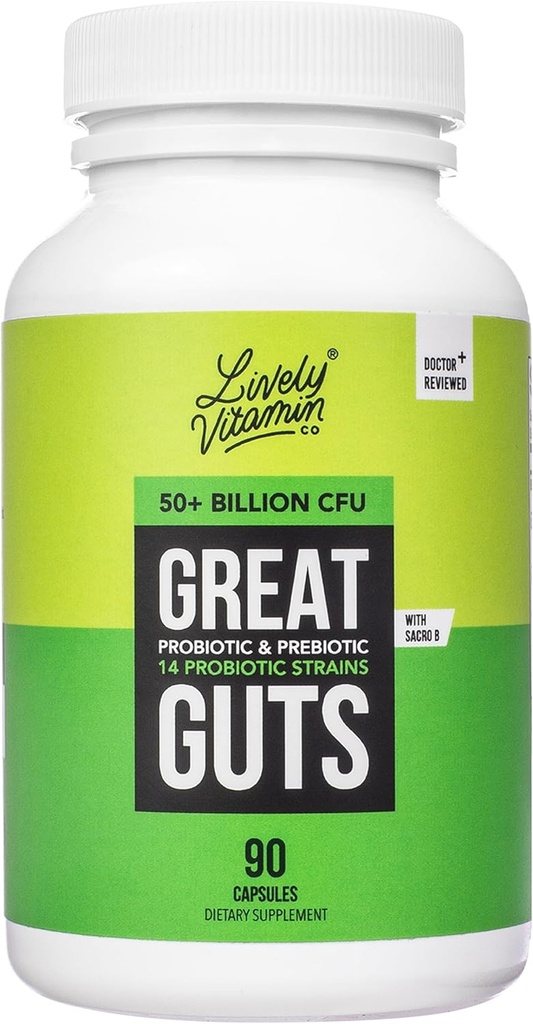LIVELY VITAMINE CO. Great Guts Probiotic 50 Miljard CFU Probiotic - Balance Gut Microbiome, GI Tract, Ontsteking, Indigestie, Reflux, verstoorde maag, & diarree - 90 Caps