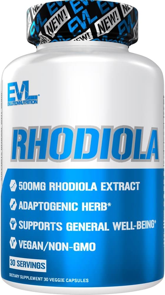 Herbal Adaptogen Rhodiola Rosea Capsules - 500mg Rhodiola Supplement for Focus Energy and Mood Support - EVL Calming Stress Supplement with Brain Focus Vitaminen for Adults - 30 Vegan Capsules