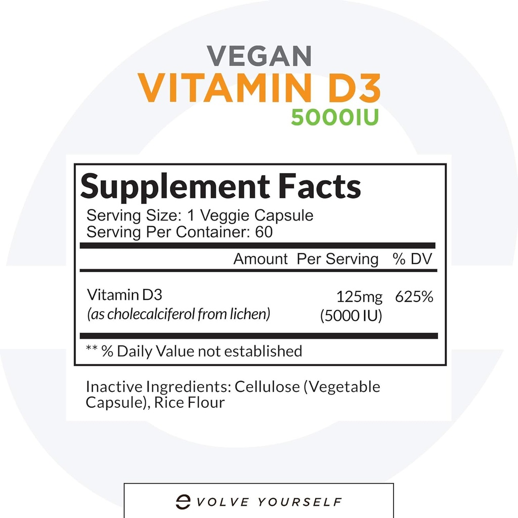Vegan Vitamin D3 5000 IE Supplement - Pure, High Potency D3 Vitamine 5000 IE Supplementen voor Immune Health & Strong Bones Ondersteuning - 120 capsules, Het verstrekken van een 2-maands levering van VIT D3