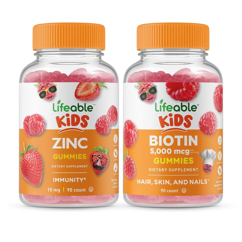 Levensvatbare Zink Kids + Biotin Kids, Gummies Bundle - Grote Proeverij, Vitamine Supplement, Glutenvrij, GGO-vrij, Kauwgom