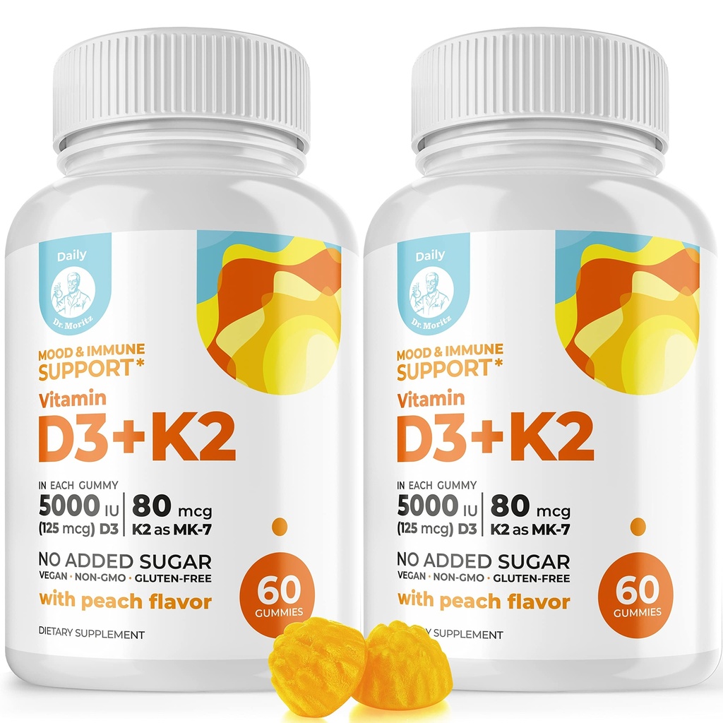 DR. MORITZ Vitamin D3 Gummies (5000 IU) with K2 - for Adults and Kids - Vitamin D3 K2 Gummies for Immune Support & Bone Health - Vegan, Sugar Free, Gluten Free (120 Count)