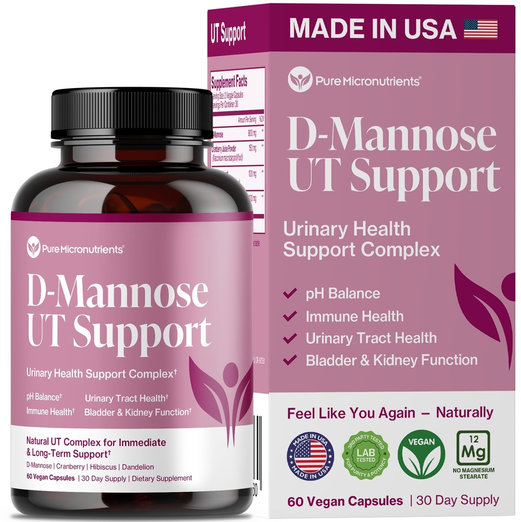 Pure D Mannose Capsules 1000mg per portie - Fast Acting UTI Support - Urinaire track Cleanse & Bladder Health - Cranberry, D-Mannose, Dandelion, Hibiscus Flower - 60 Veggie Caps