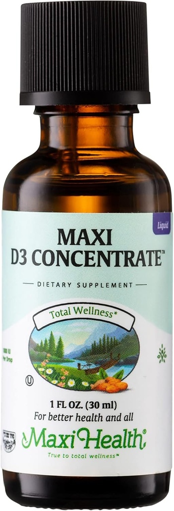 Maxi Health Vitamine D3 Concentraat - 1000 IE per druppel - Dieetsupplement - Ondersteunt Calcium Absorptie, Immune Health en Bone Health bij volwassen vrouwen en mannen (1 fl oz)