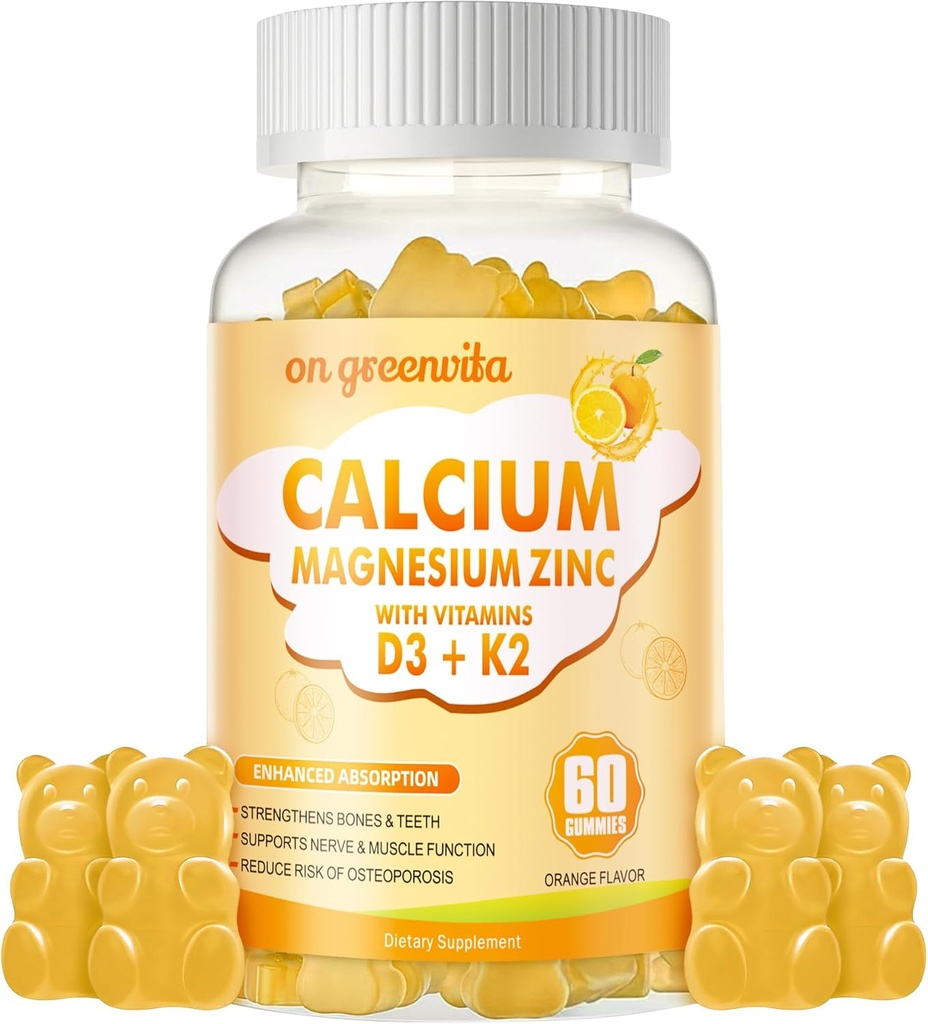 Calcium Magnesium Zink Gummies met Vitamine D3 & K2 - Hoge Potentie Verbeterde Absorptie -60 Oranje Gummies Gearomatiseerd