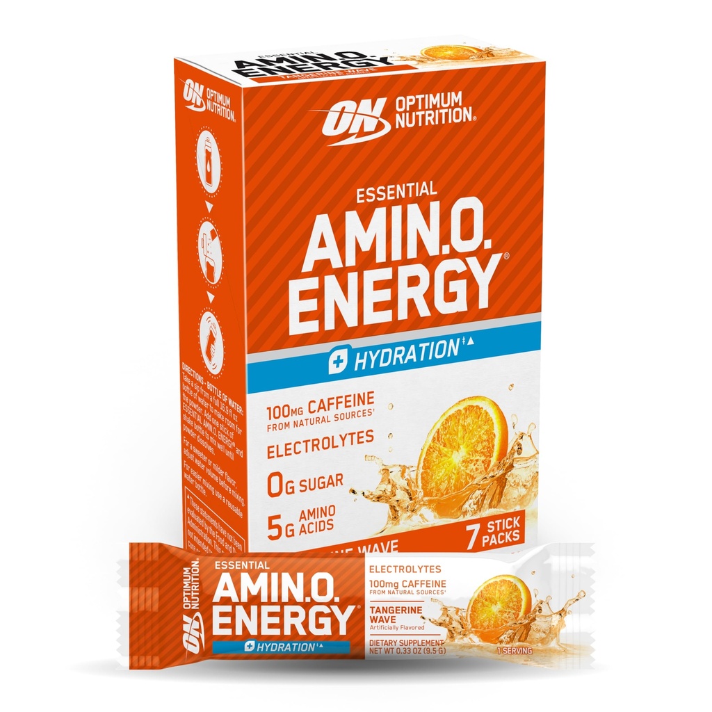 Optimale Voeding Essential Amino Energy Plus Electrolytes Stick Packs, Energy Powder, Tangerine Wave, 7 Tellen