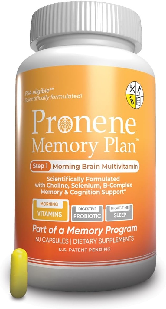 PRONENE Memory Plan (60 ct) Morning Brain Multivitamin | Nootropic Supplement w/Choline, Selenium, Resveratrol, D, & B Vitamins | Advanced nutrients Support Brain, Immunity & Memory.