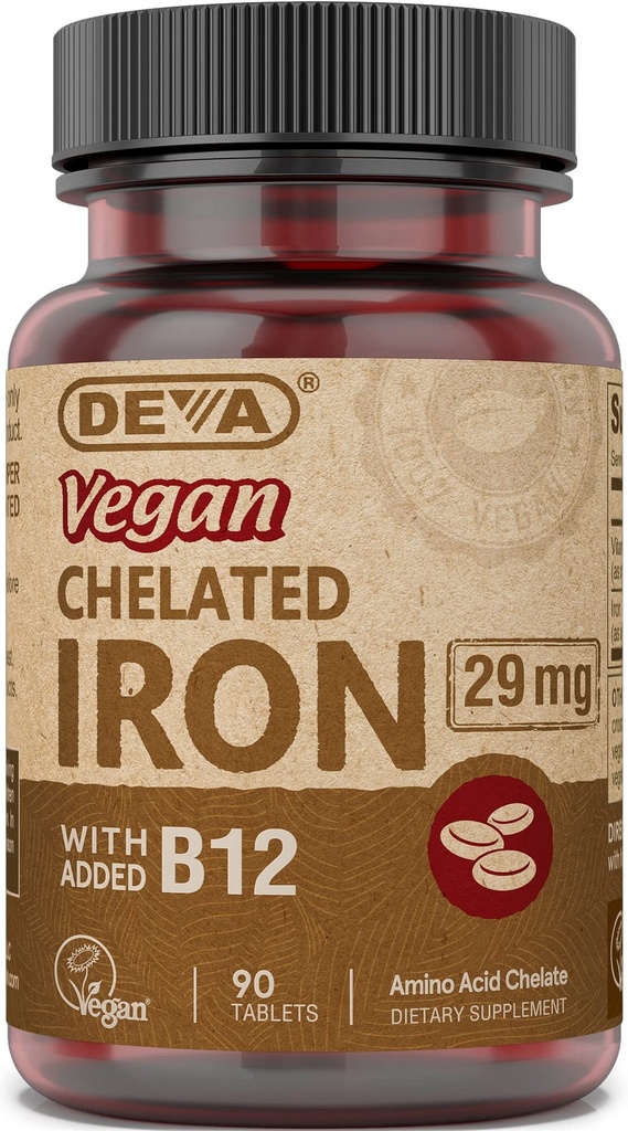 Deva Nutrition Vegan Chelated Iron 29 mg Versterkt met B-12 - Hoge potentie, gemakkelijk doorslikken - 90 tabletten, 1-pack
