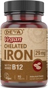 Deva Nutrition Vegan Chelated Iron 29 mg Versterkt met B-12 - Hoge potentie, gemakkelijk doorslikken - 90 tabletten, 1-pack