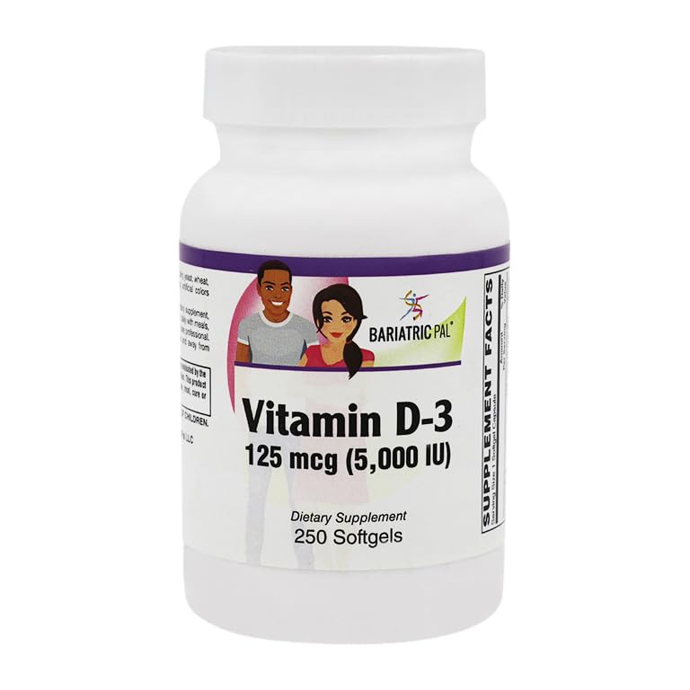 BariatricPal Vitamine D-3 125mcg (5000 IE) - Gemakkelijk doorslikken Vegetarische Softgels (250ct fles)