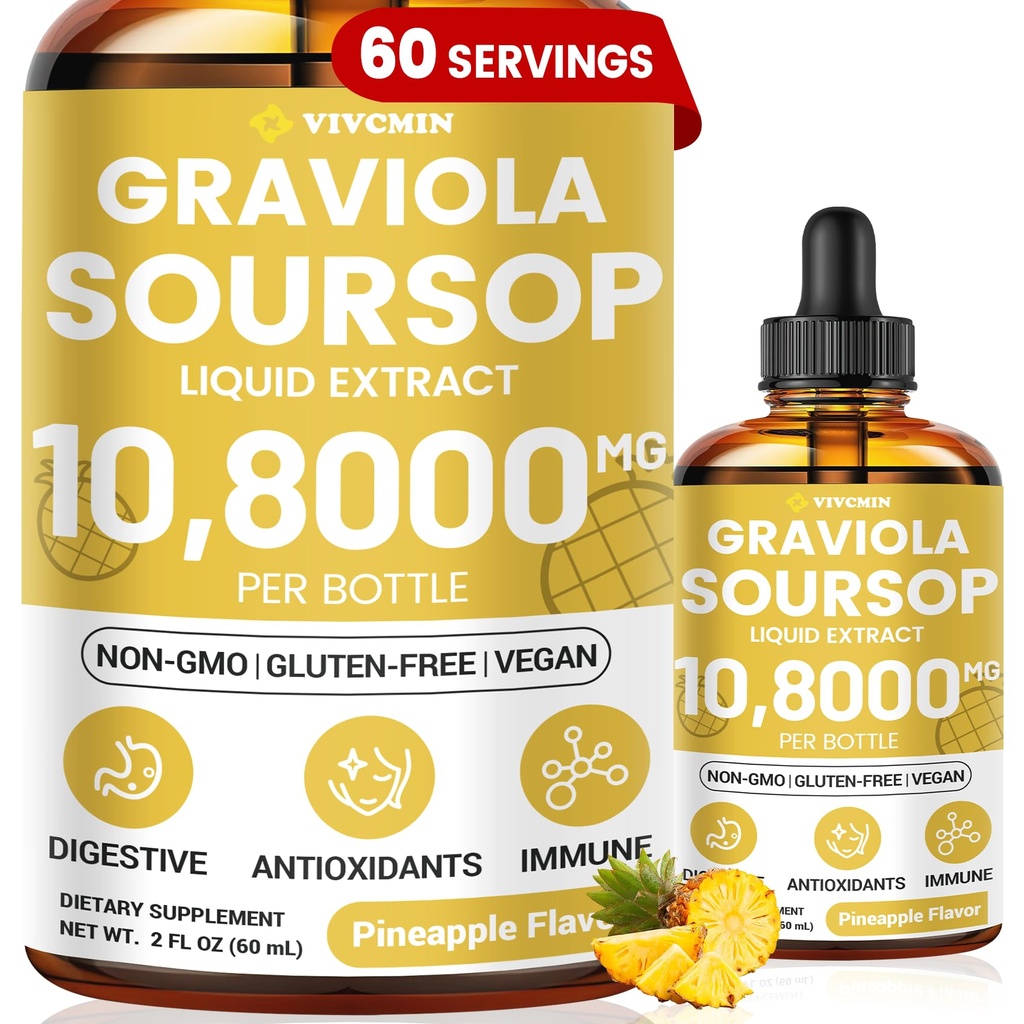 Graviola Soursop Leaf Extract Liquid - Soursop Bitters Liquid, Support Immune, Relax, Lever en Slaap, Suiker & Alcoholvrij, Zeer Absorbeerbare Formule, Ananas smaak, 2 Fl Oz