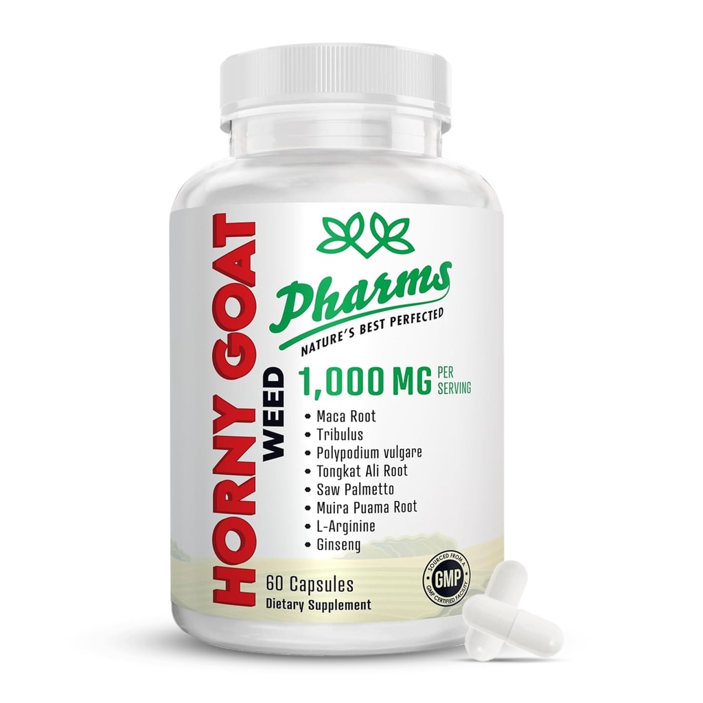 PHARMAMS Hornygoatweed for Men & Women (1.000 mg) - Energy & Stamina Capsules with Maca Root, Tribulus, Tongkat Ali, Saw Palmetto & Ginseng - Female & Male Performance Enhanceing Supplement - 60 Capsules