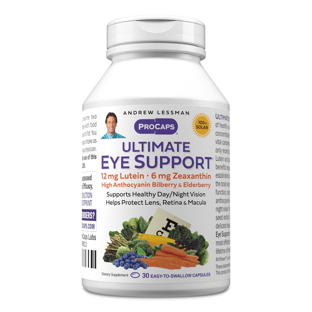ANDREW LESSMAN Ultimate Eye Support 30 Softgels - 12mg Lutein, 6mg Zeaxanthine, Blauwe bosbessen, belangrijke voedingsstoffen ter ondersteuning van de gezondheid van het oog en het bevorderen van gezonde visie. Geen additieven. Gemakkelijk te slikken Softgels