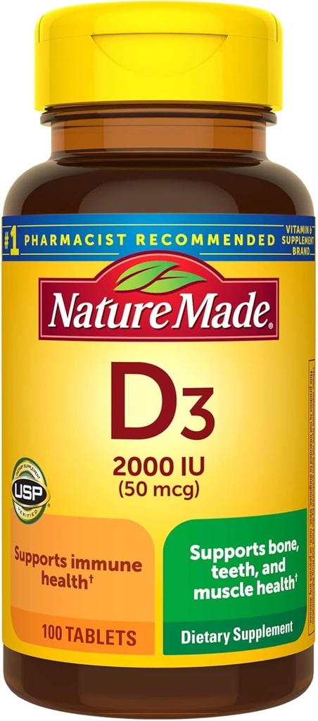 Nature Made Vitamin D3, 100 tabletten, vitamine D 2000 IE (50 mcg) helpt Immune Health, 100 tabletten,.-