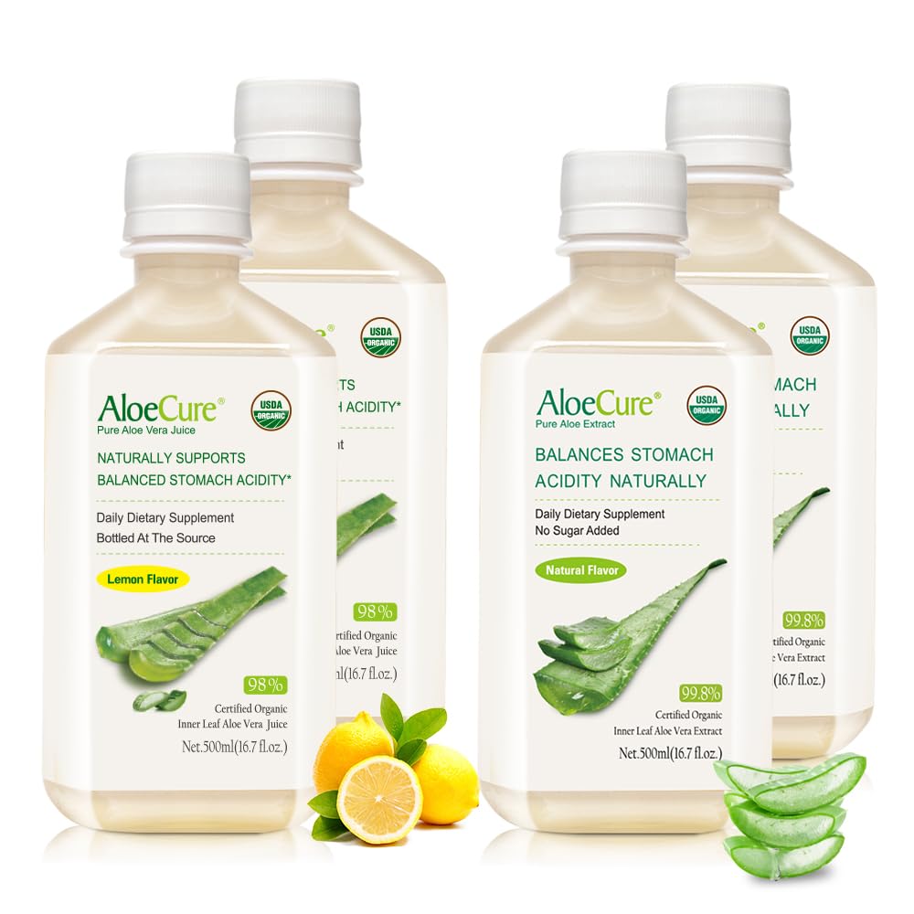 AloëCure Biologische Aloë Vera Juice - 4 flessen monster - Citroen & Natural Flavor, 4x500ml