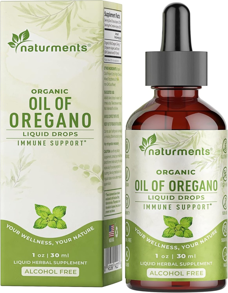 Naturments Oregano Oil Drops voor Immune Support & Gut Health. Vegan, niet-GMO, suikervrij en glutenvrij Biologische Wilde Mediterrane Oreganoolie met biologische Extra Virgin olijfolie - 1 Fl Oz 30 Ml