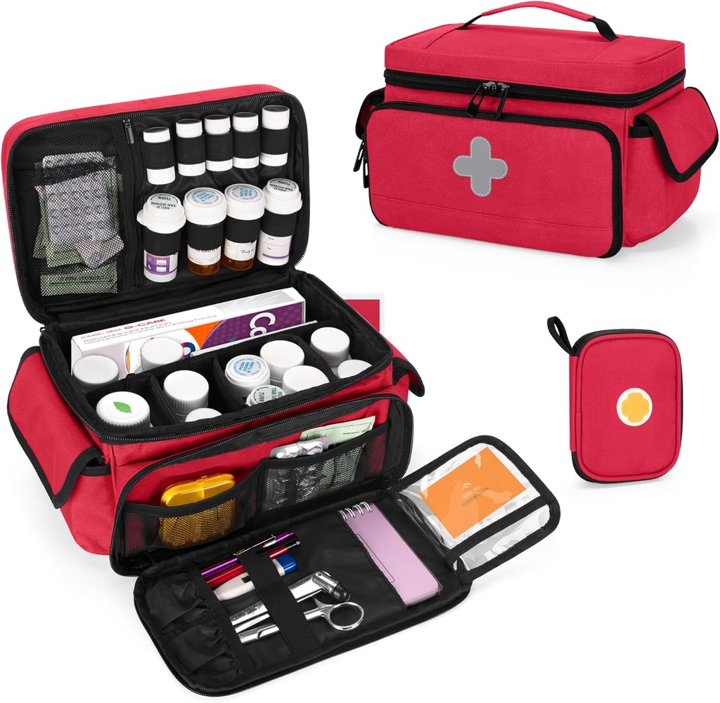 CURMIO Medicine opslagzak Lege, afsluitbare pil fles Organisator met draagbare geritste zakjes voor eerste hulp kits, medicijn doos voor thuis en reizen, rood (patent in afwachting)