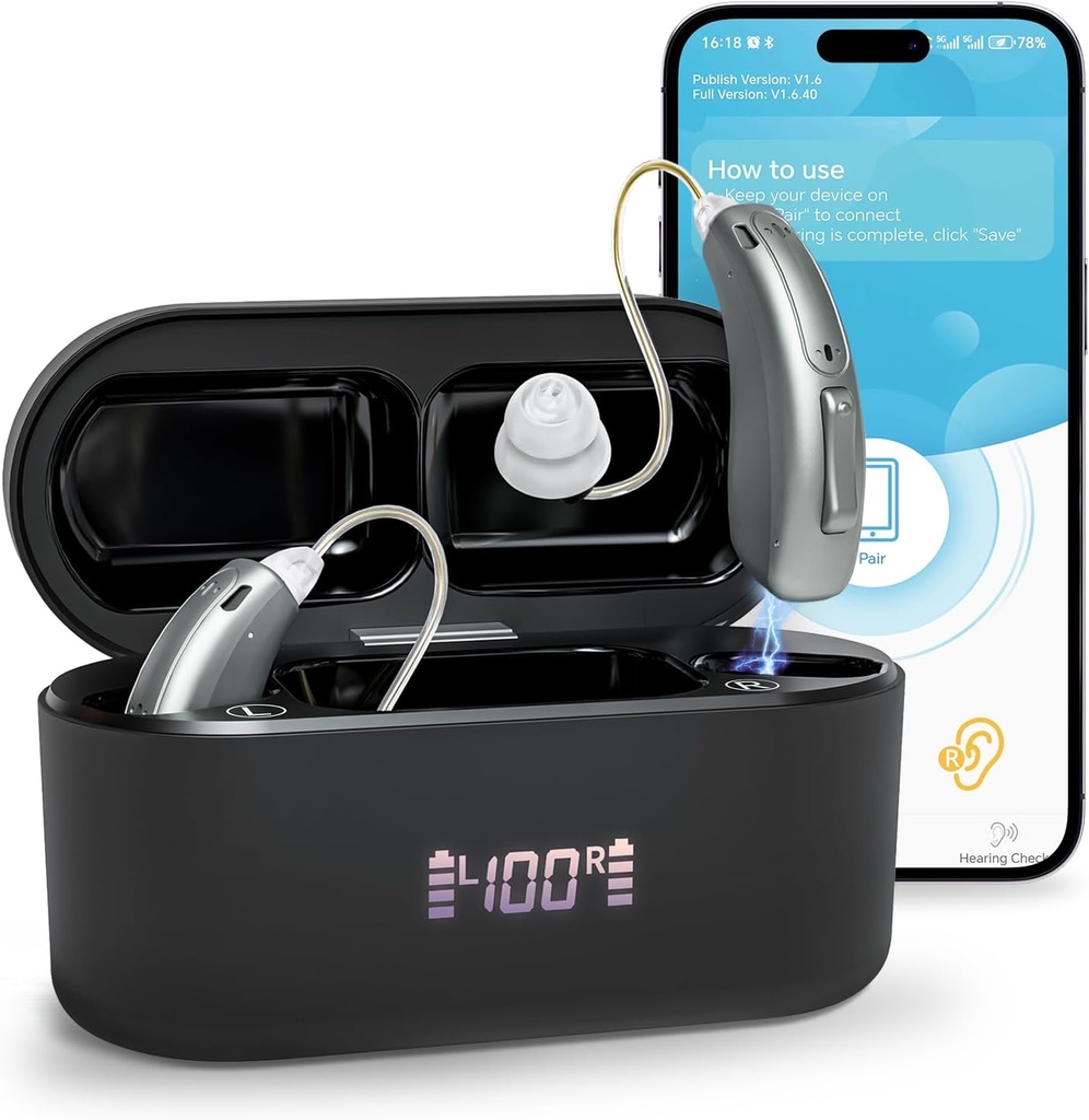 Hoortoestellen (niet-versterkers), Bluetooth oplaadbare hoortoestellen voor ouderen volwassenen, superieure geluidskwaliteit OTC Smart Hearing Aid met geluidsannulering, Bluetooth enabled & App Control, 4 modi