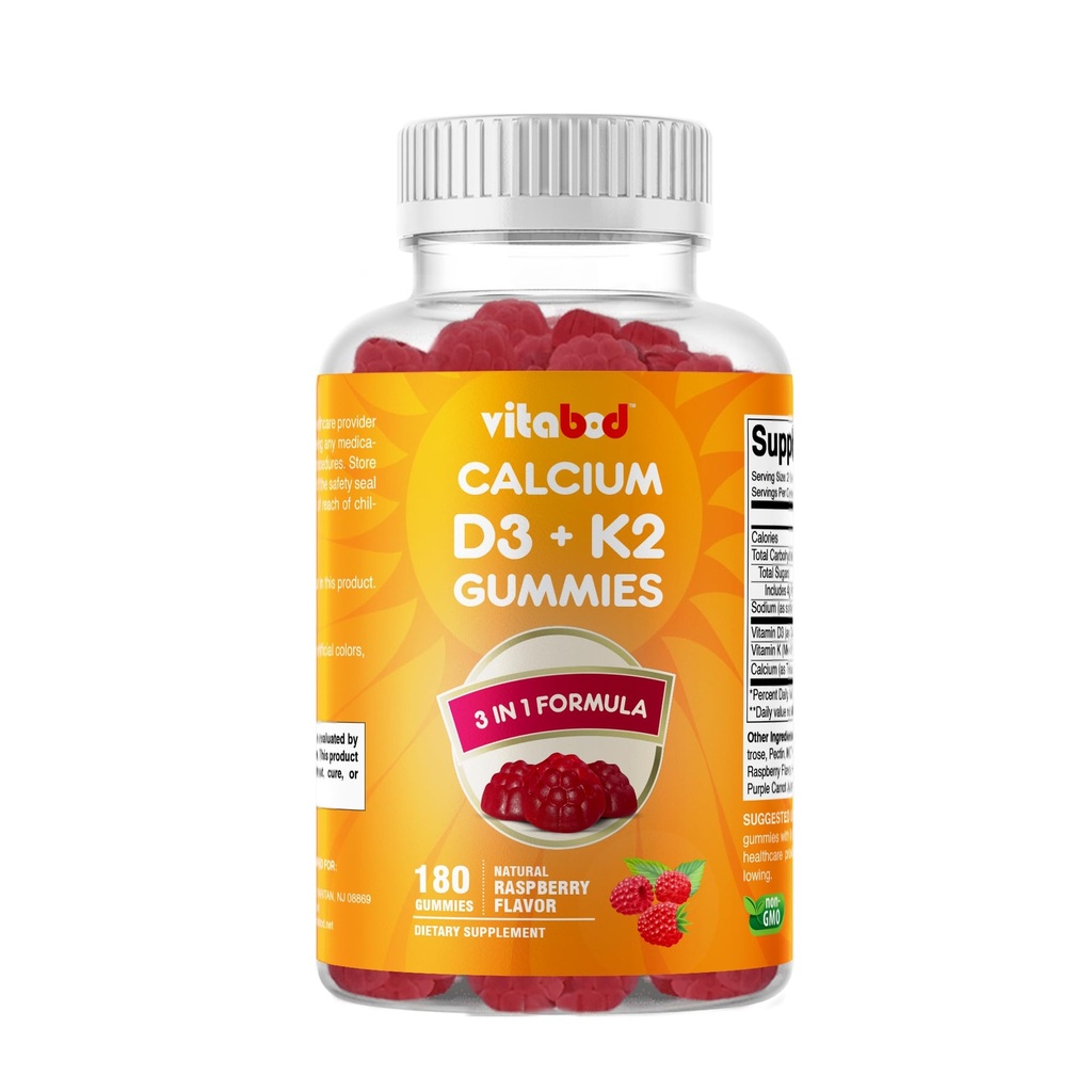 Vitamine D3 + K2 Gummy's Ondersteuning voor bot en hartgezondheid 180 op pectine gebaseerde veganistische gummies
