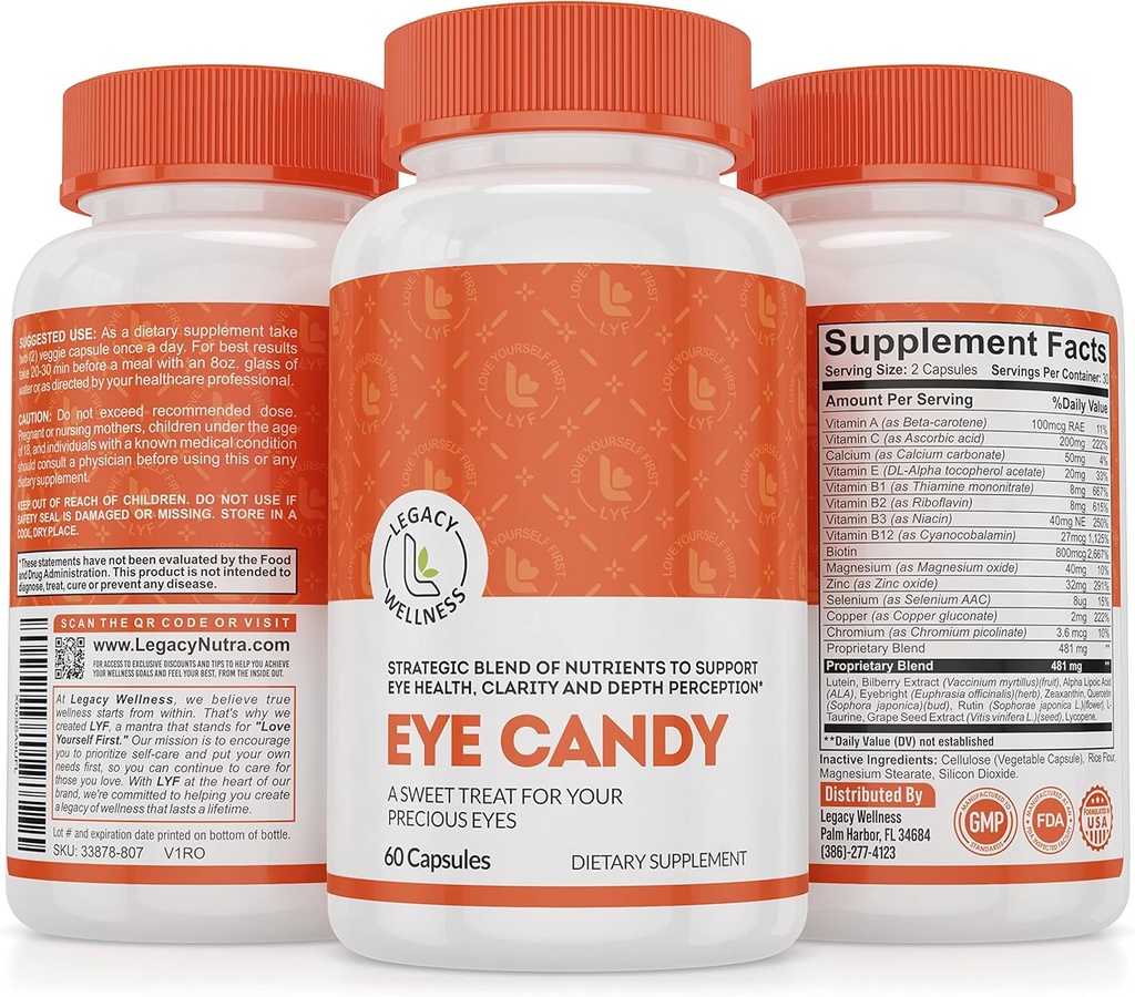 Legacy Wellness Eye Candy Eye Vitaminen met Lutein, Zeaxanthine, Calcium, Biotine, Koper, Zink Pillen + Ondersteunt Vision Health bij Veroudering Volwassenen + Oogstam Van Te veel Schermtijd, Droge Oogsupplementen