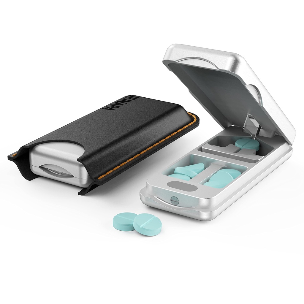 Pillensnijder met Auto Centering Apparaat, Aluminium Pill Splitter met 316L Stainless Blade, Echte Lederen Case, Professionele Pill Splitter voor het snijden van kleine pillen of grote pillen (Zilver)
