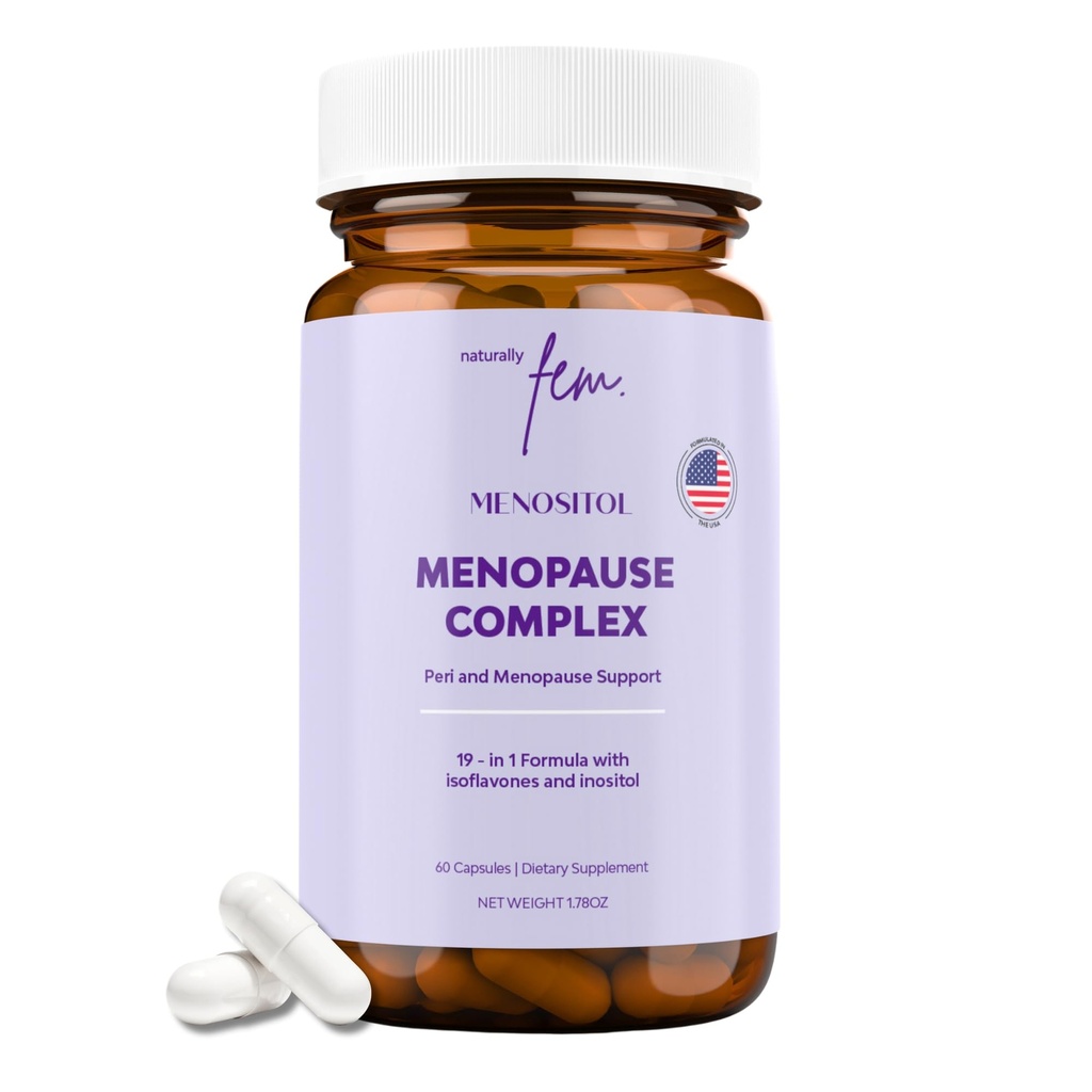 Inositol FEM Menositol 19-in-1 60Caps, Perimenopause & Menopauze supplementen voor vrouwen gewichtsverlies met Myo-Inositol, D-chiro en Isoflavonen, controle Metabole gezondheid, 100% natuurlijk, Hormone, SoyFree