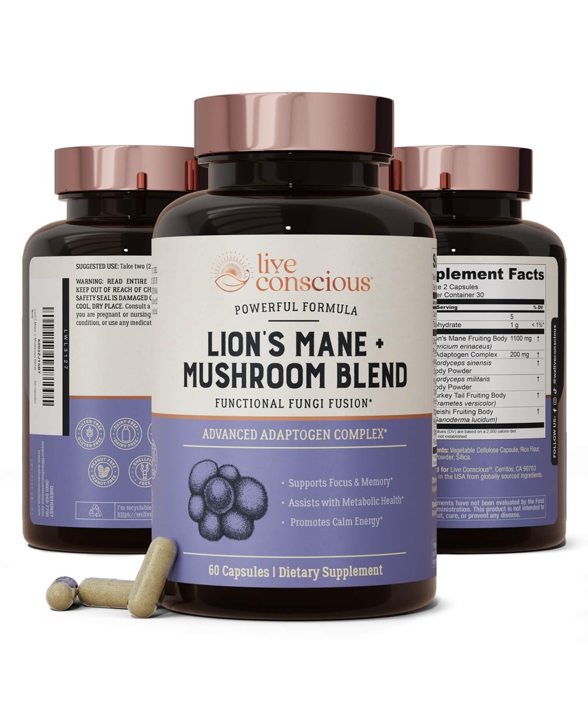 Live Conscious Lions Mane Mushroom Supplement Capsules voor Hersenen Ondersteuning w/Lion's Mane, Cordyceps, Reishi, en Turkije staart Paddestoelen - Cognitive Geheugen Supplement voor Hersenen