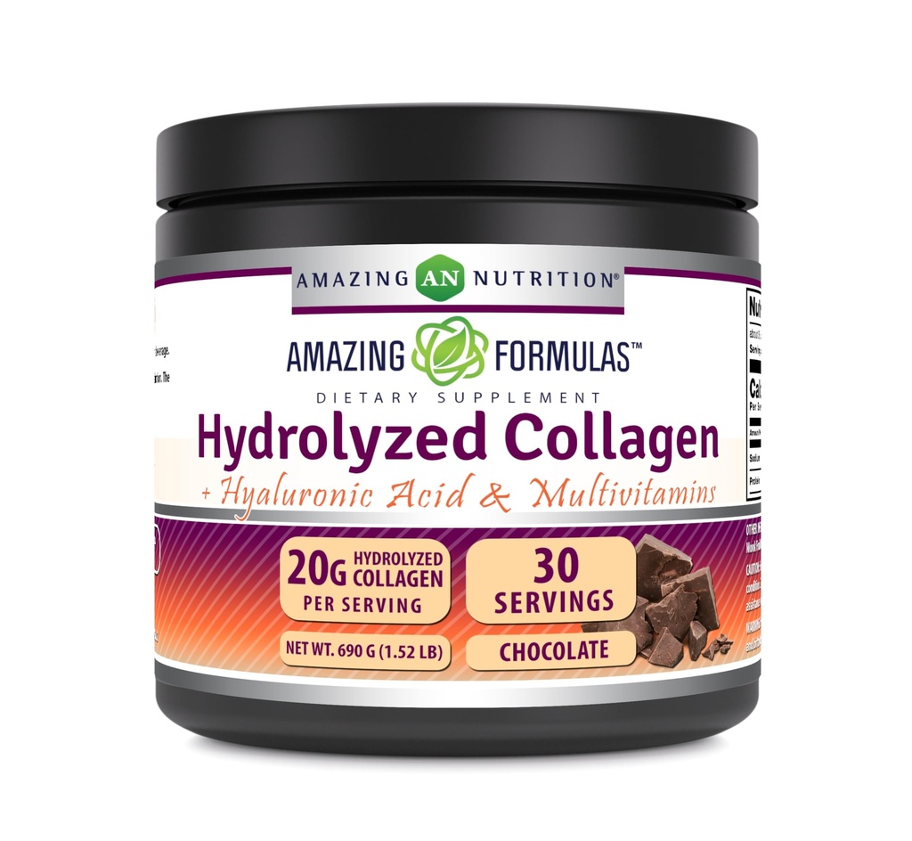 Amazing Formulas Hydrolyzed Collagen with Hyaluronic Acid & Multivitamins Supplement | 30 Servings Powder | 660 Grams | Chocolate Flavor
