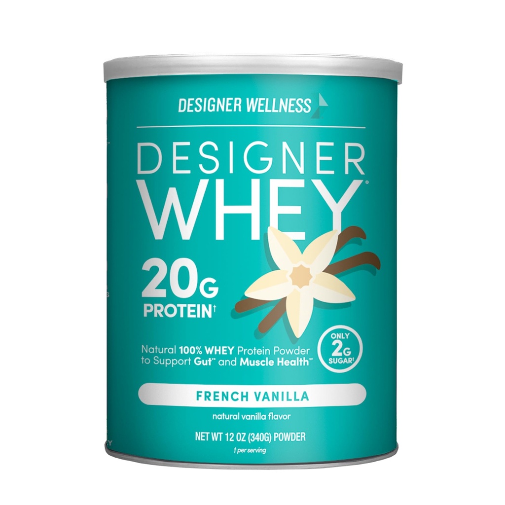 Designer Wellness Designer Whey Natural 100% Wei Proteïne Poeder met Probiotica, Vezel, en Key B-Vitamins voor Energie, Glutenvrije, Non-GMO, Franse Vanille 12 oz