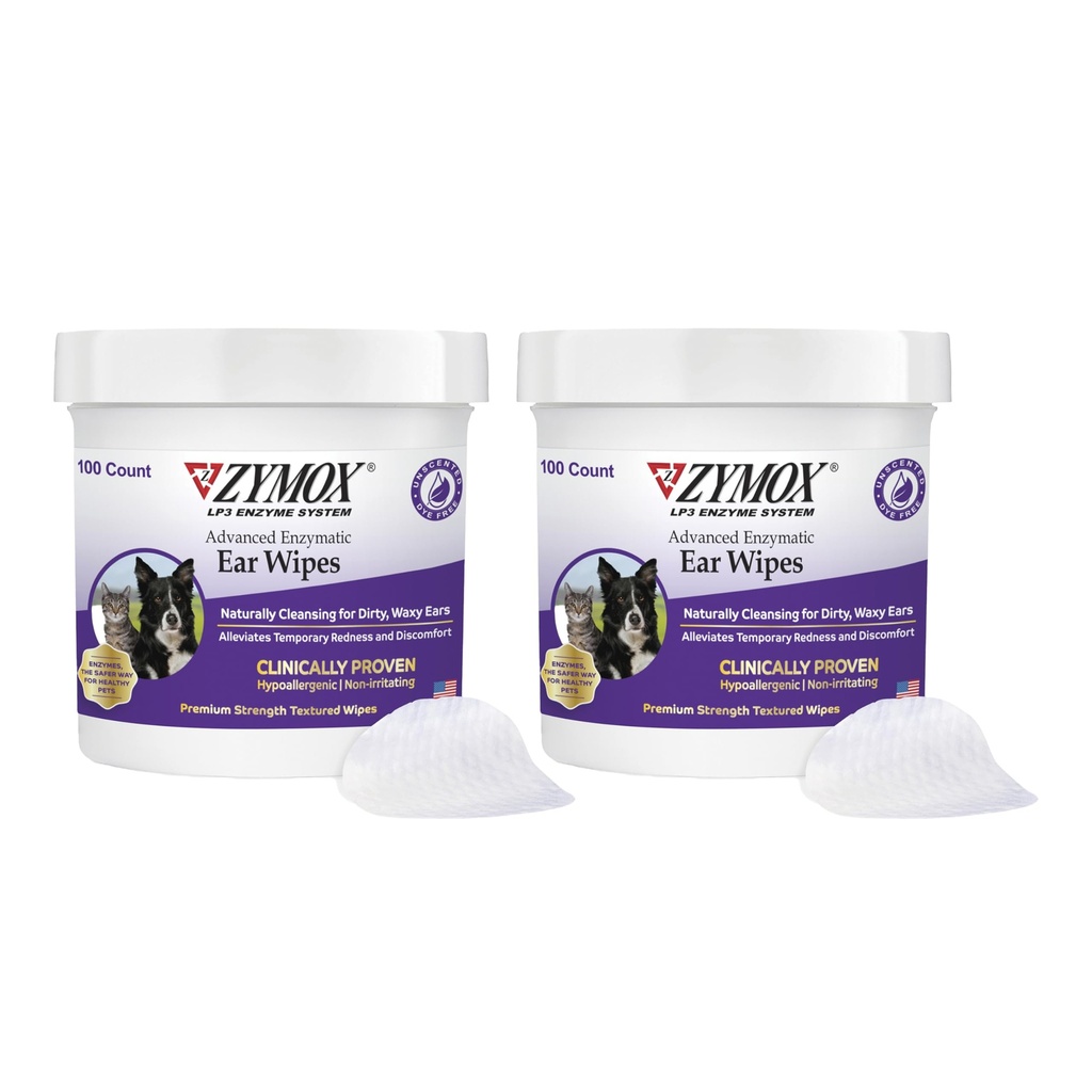 Zymox Advanced Enzymatic Ear Wipes for Dogs and Cats - for Dirty, Waxy, Smelly Ears - Premium Strength Ear Cleaner Wipes - Non-Irritating - Hypoallergeen (100 Count-pack of 2)