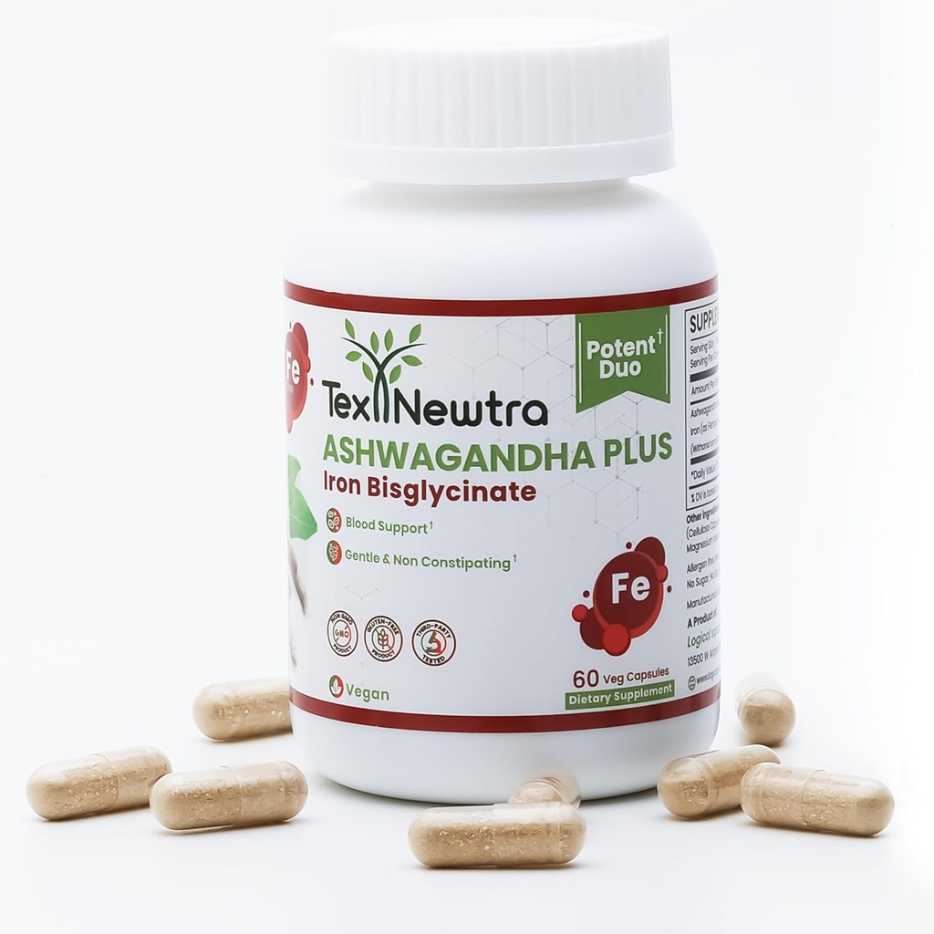 Ashwagandha met ijzerbisglycinaat - 300mg & Biobeschikbaarheid ijzer 10mg - 60 Capsules