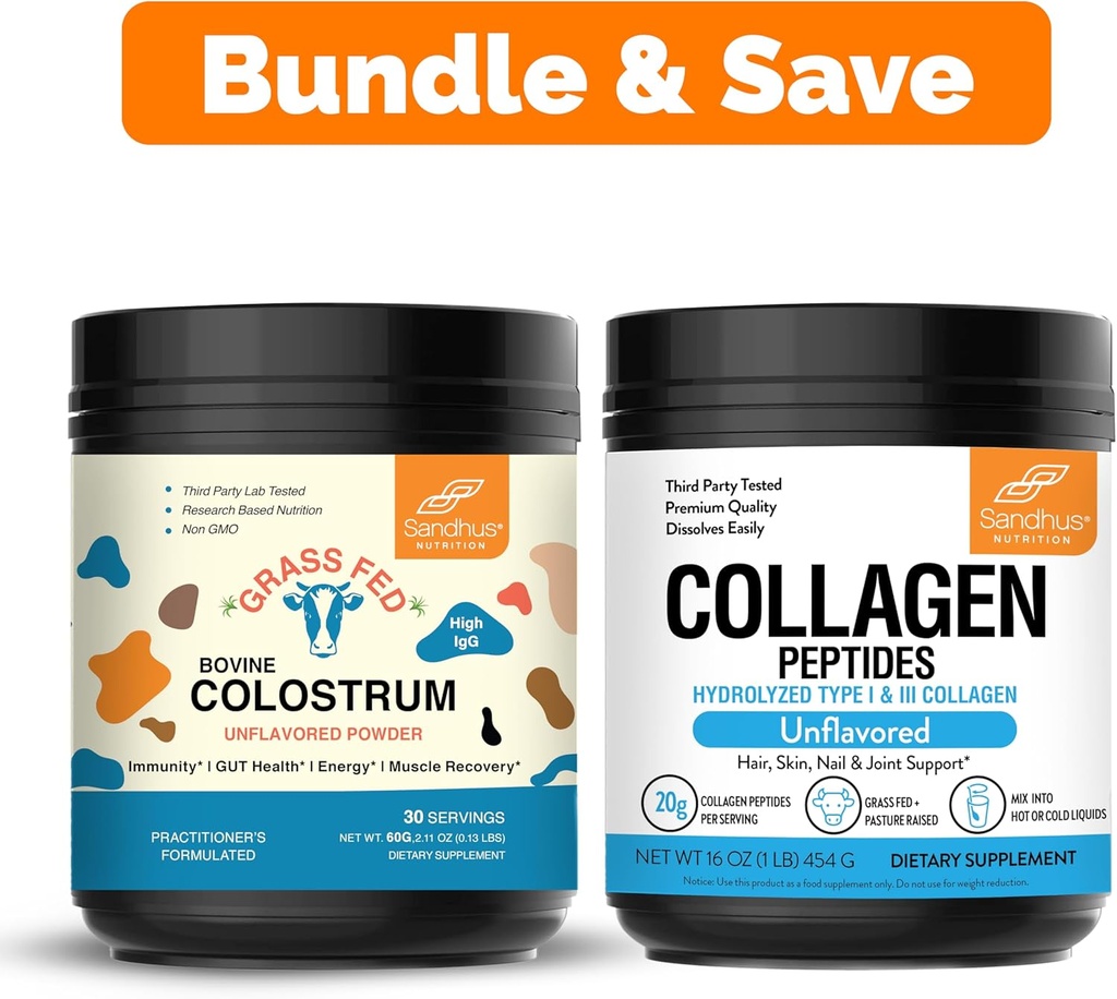 Sandhu's Pure Bovine Colostrum Powder Supplement for Humans & Collagen Peptides Powder