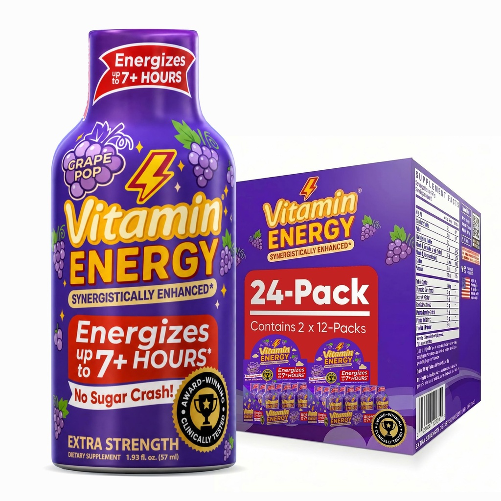 Vitamine Energie Focus + Extra sterkte Energie Shot Grape 24 Pack, 260mg Natural Cafeïne, B-Vitamins, CoQ10, Aminozuren, Focus, Productiviteit & Clarity, Zero Sugar, Gluten-Free, 1,93 fl oz